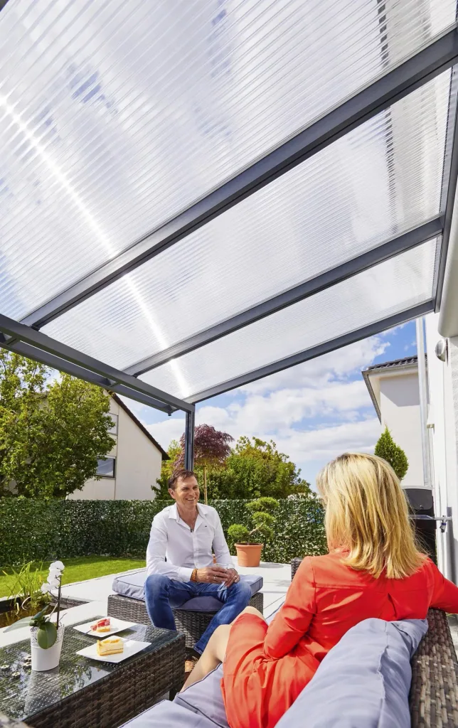 Patio roof Premium, anthracite, 4102 x 4060 mm - Polycarbonate multi-wall sheets 16 mm, white striped