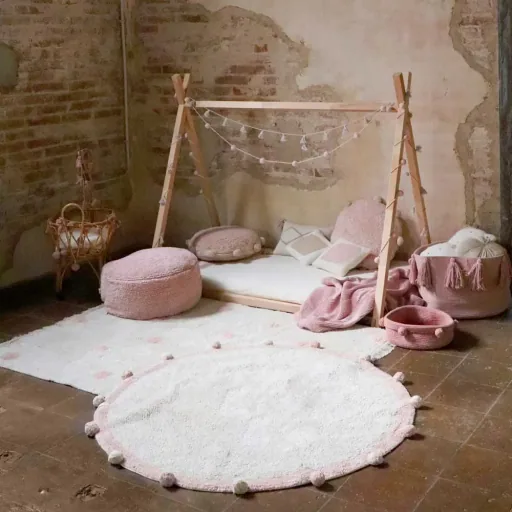 Lorena Canals wasbaar vloerkleed "Bubbly Natural" roze rond