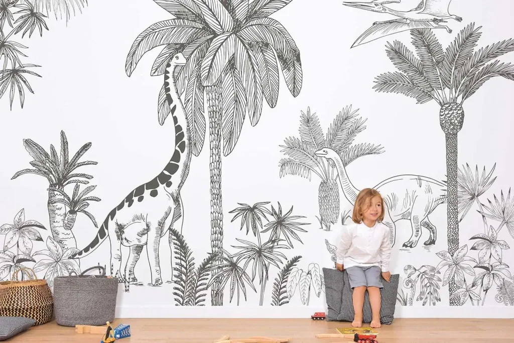 Lilipinso fleece muurschildering dinosaurus met palmbomen grijs