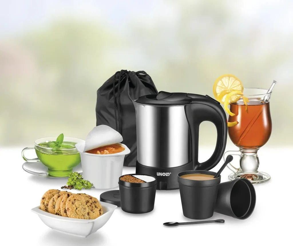 0.5 L stainless steel kettle, 7-piece set - with 2 drinking cups, coffee spoon and double compartment container