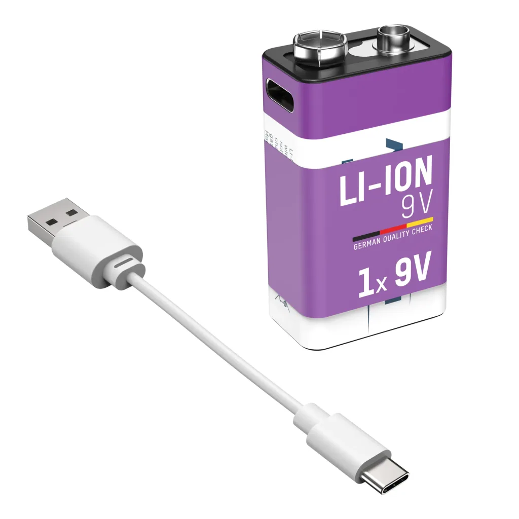 Lithium-ion 9V E-Block accu USB-C 1 stuk, veiligheidsuitschakeling