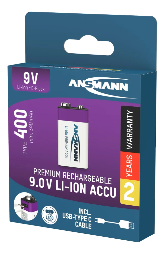Lithium-ion 9V E-Block accu USB-C 1 stuk, veiligheidsuitschakeling
