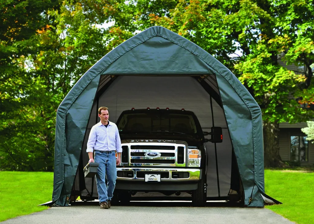 Foliekas 23,8 m², groen, 390×610 cm – Garage-in-a-Box, DuPont stalen frame, weerbestendig
