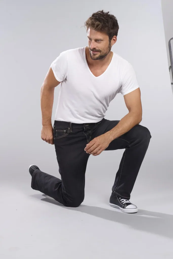 Stretch denim jogging pants, black, size 52