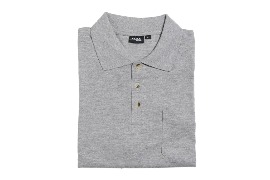 Polo shirt with button placket and breast pocket, color silver gray, size M