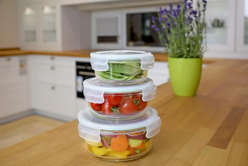 Glass food storage container with microwave lid, round, 400 ml