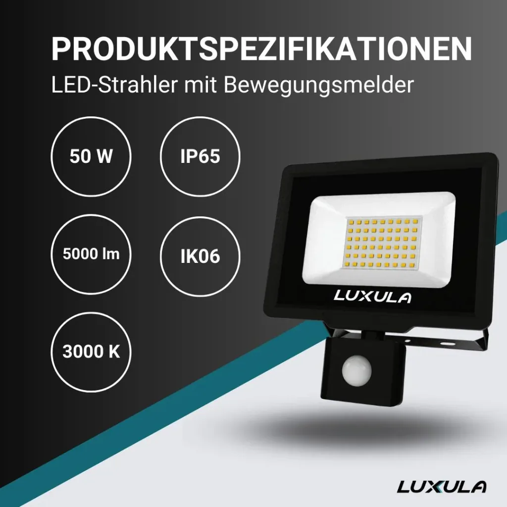 LED floodlight in black with motion detector offers 50 W, 3000 K (warm white), 5000 lm & IP65 protection