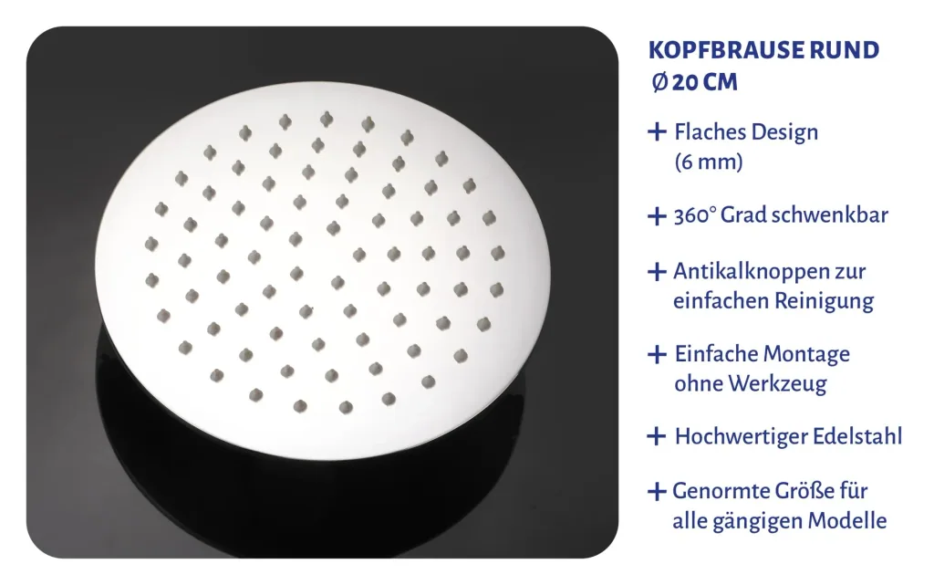 Shower head Ø 20 cm rain shower made of stainless steel with 1 jet type G1/2 individually usable