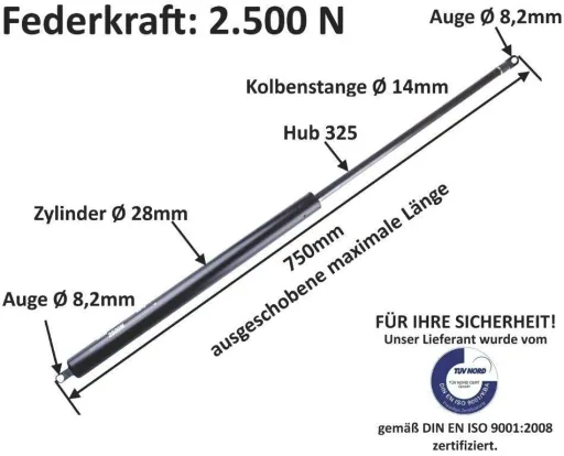 Gas spring - gas pressure damper 2500N = 250 kg