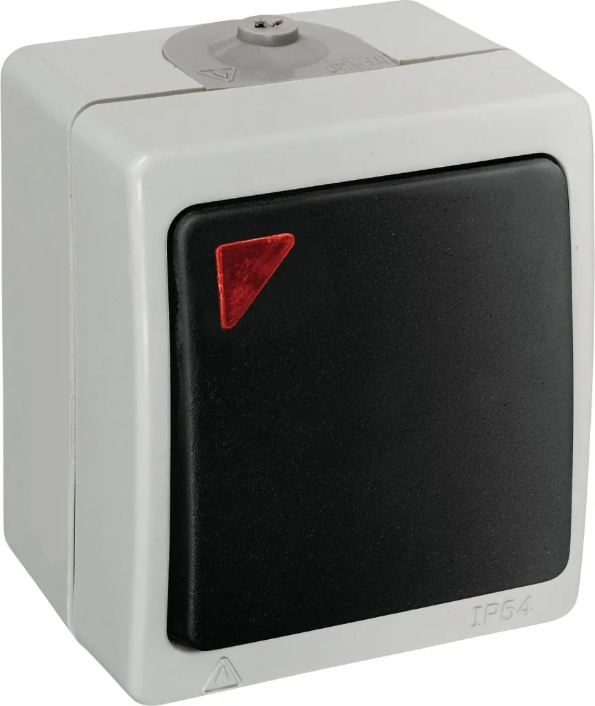 Surface-mounted damp room control switch with lens and inserted glow lamp