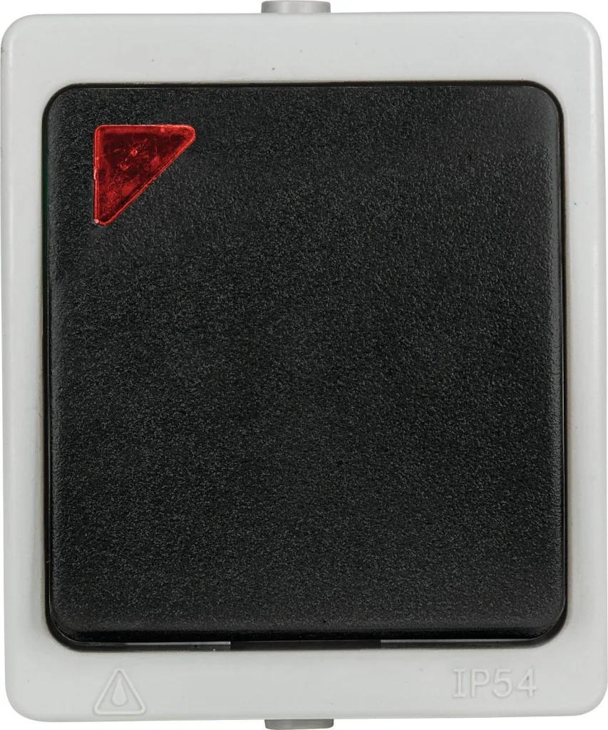 Surface-mounted damp room control switch with lens and inserted glow lamp