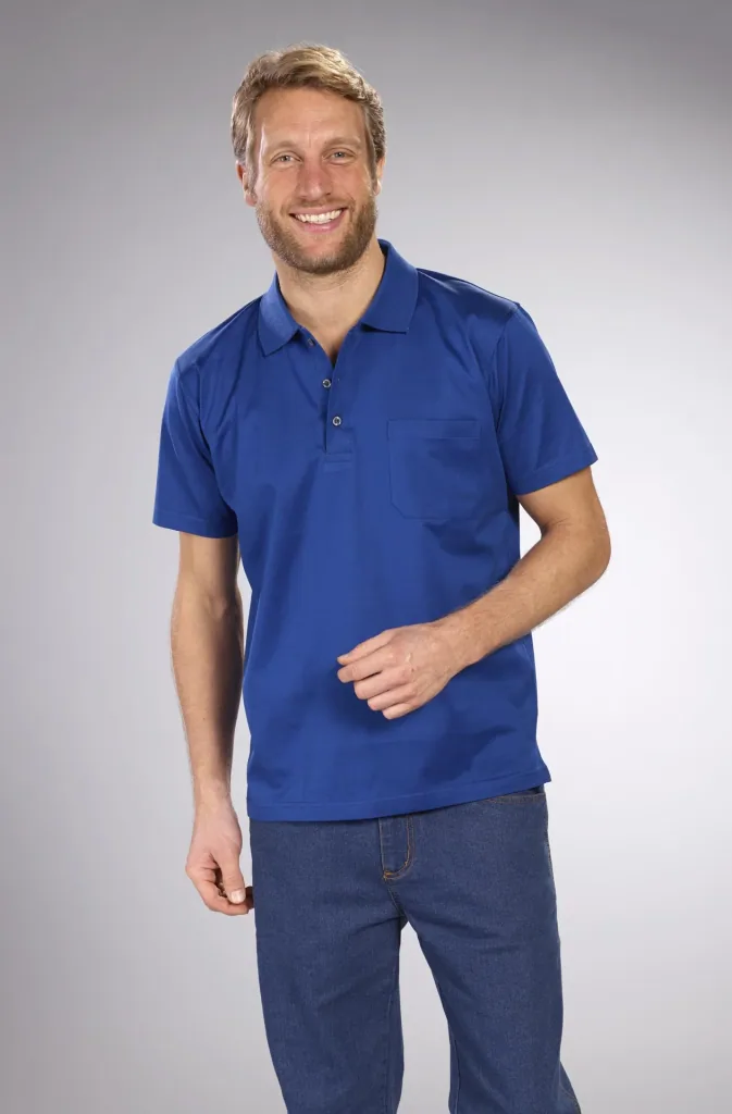 Polo shirt with button placket, color cobalt, size M