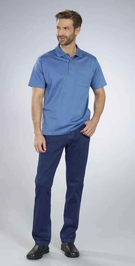 Polo shirt with button placket, color cobalt, size M