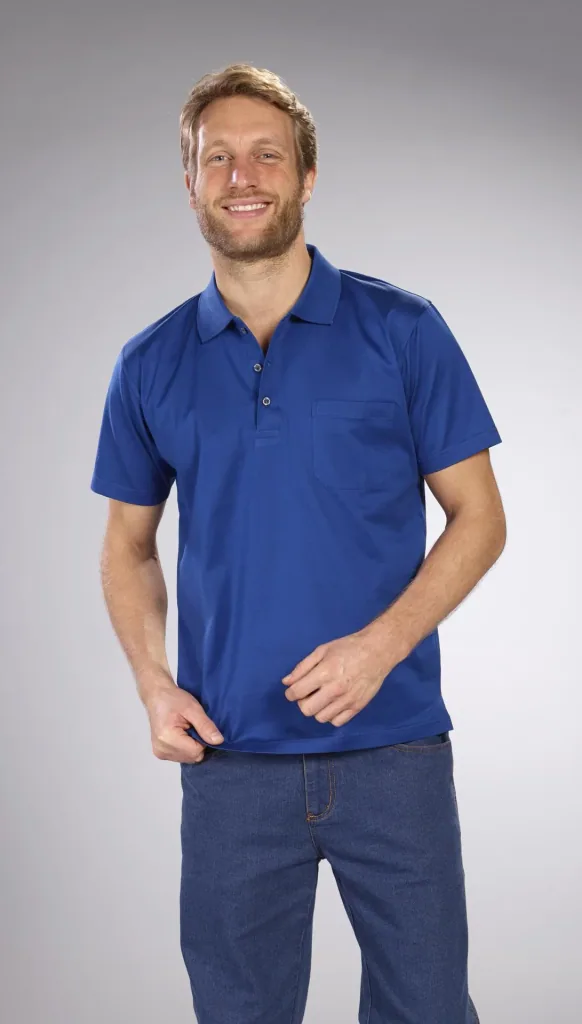 Polo shirt with button placket, color cobalt, size M