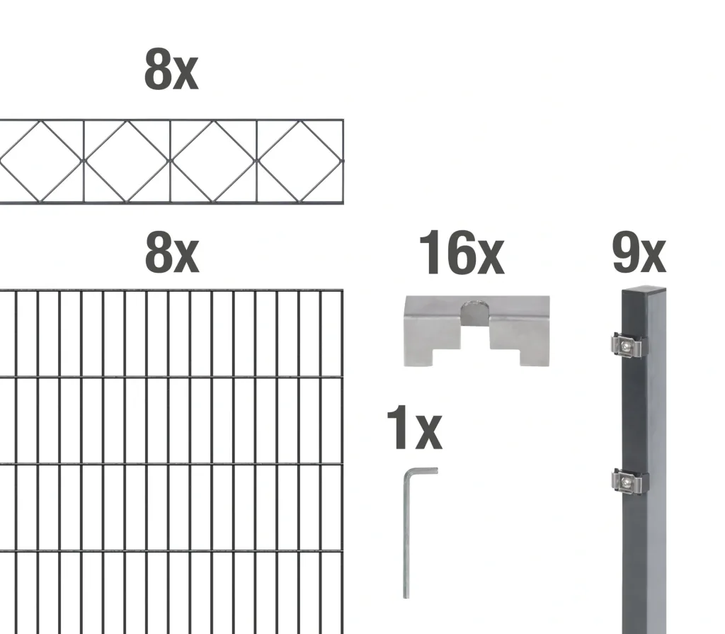 Double rod mesh fence sets anthracite with decorative element "Bergen", length: 16 m, height: 120 cm