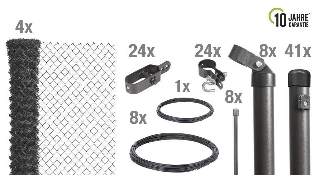 Chain link fence as a complete fence set, for setting in concrete, anthracite metallic, height 150 cm, length 100 m