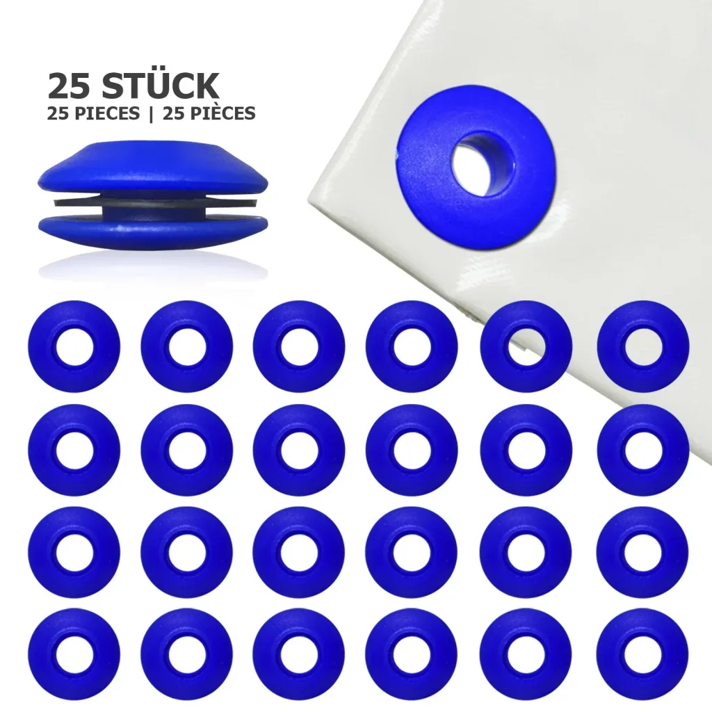 Tarpaulin eyelets, plastic, blue, 25 pieces