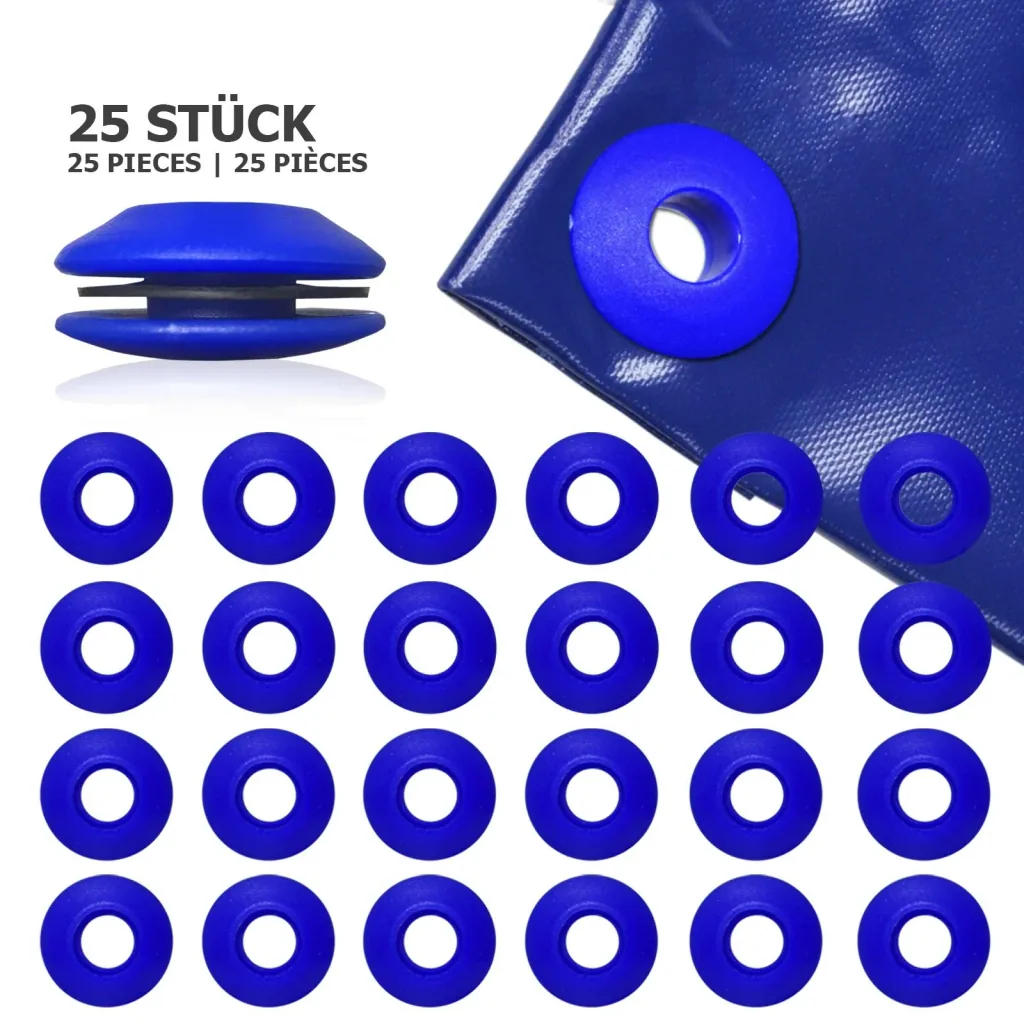 Tarpaulin eyelets, plastic, blue, 25 pieces