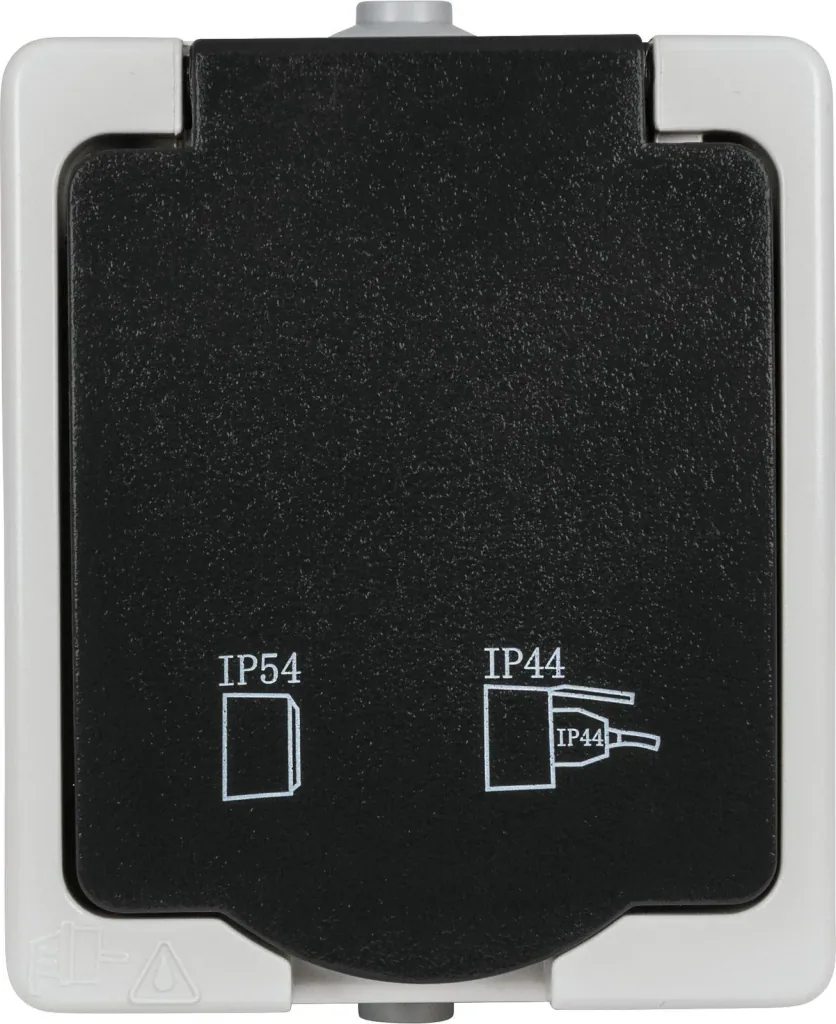 Surface-mounted damp room earthed socket 1-way with hinged cover, 2-pole