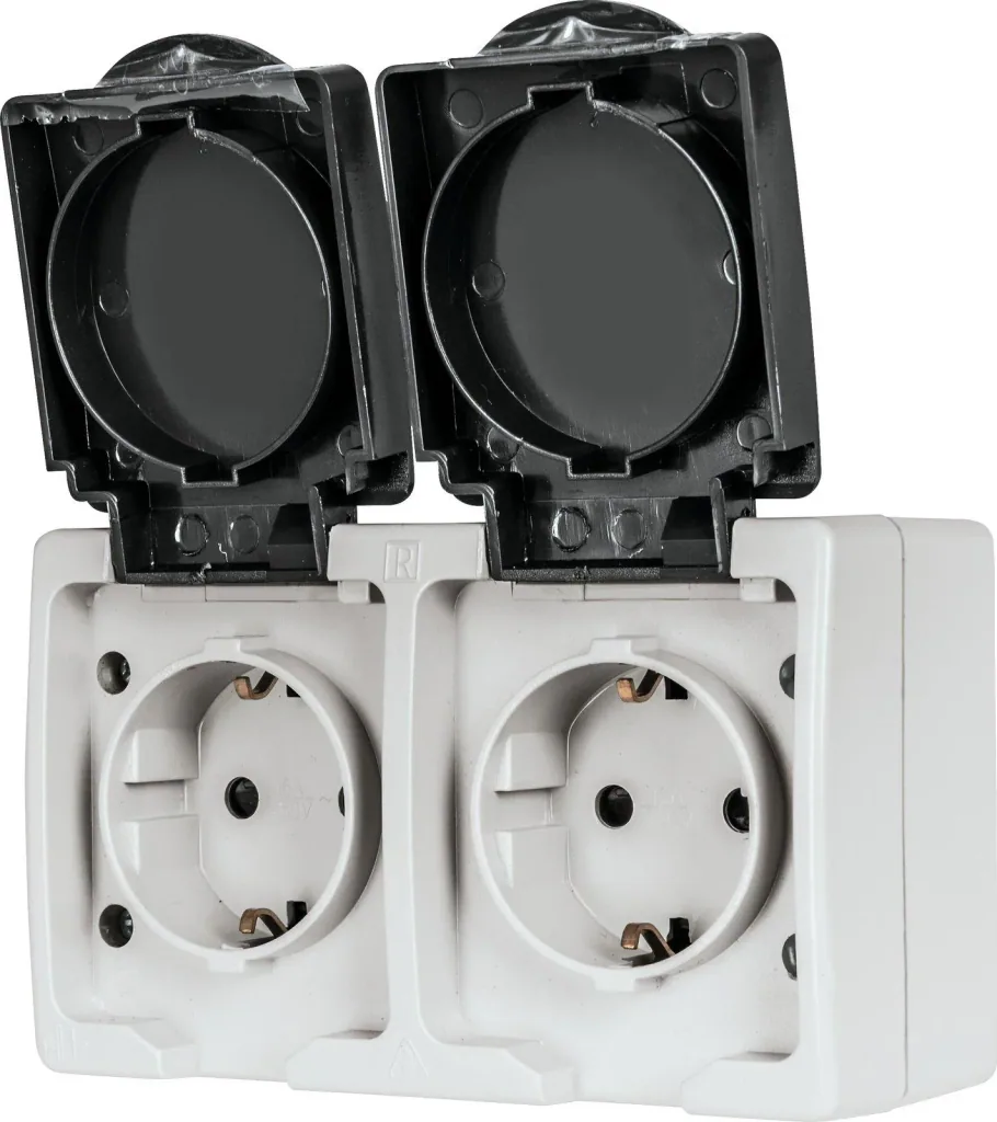 Surface-mounted damp-proof socket 2-way with hinged cover, horizontal