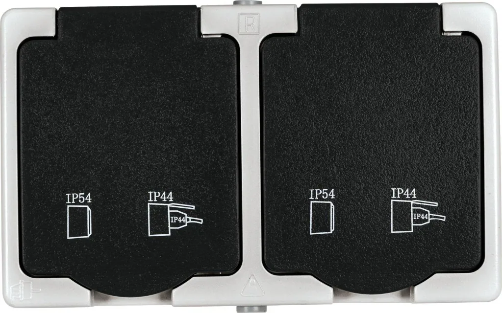 Surface-mounted damp-proof socket 2-way with hinged cover, horizontal