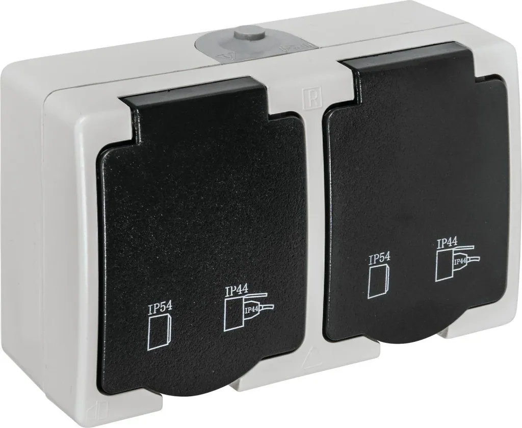 Surface-mounted damp-proof socket 2-way with hinged cover, horizontal