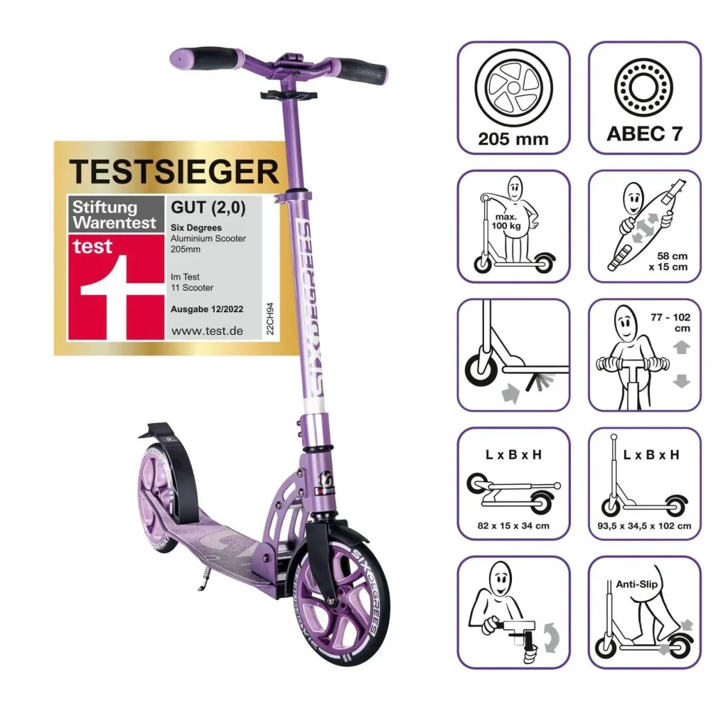 Aluminum scooter with folding mechanism and stand, 205 mm, ABEC 7, height adjustable, purple