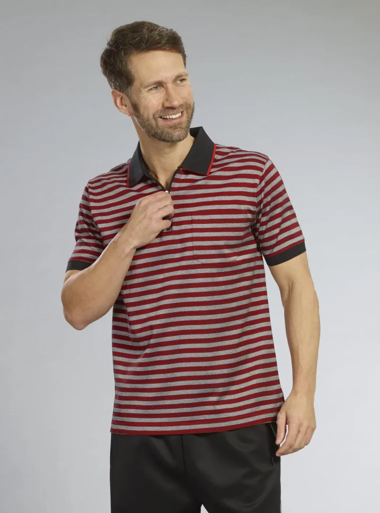 Polo shirt, color red/black striped, size M