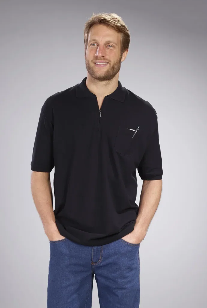 Polo shirt with zip, black, size M