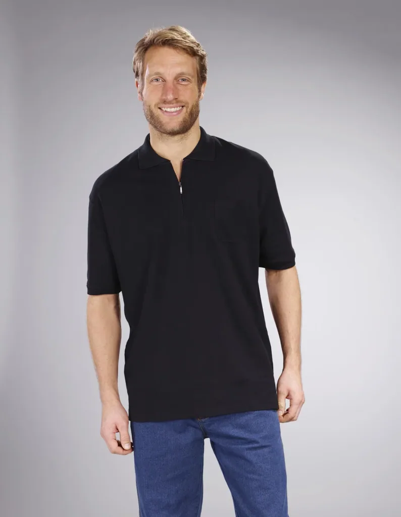 Polo shirt with zip, black, size M