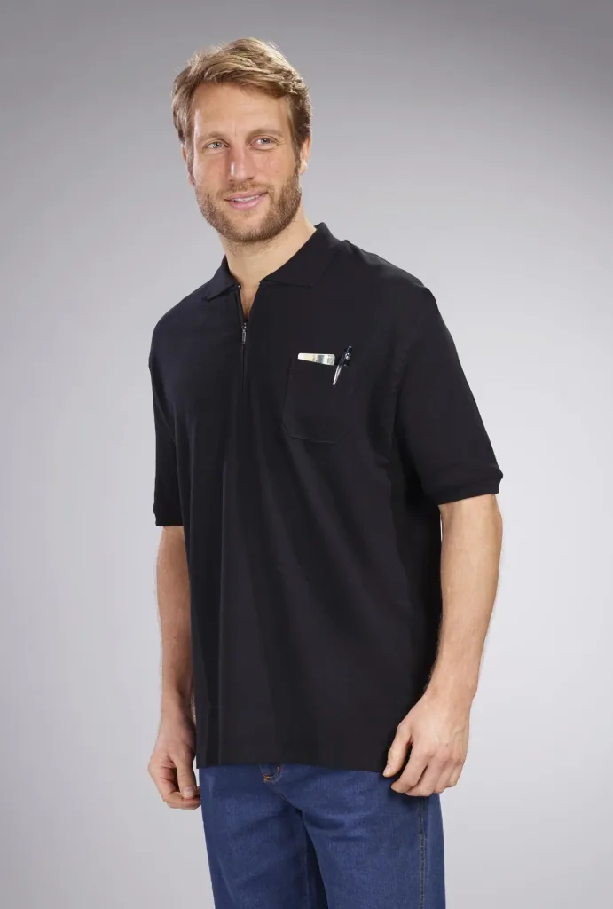 Polo shirt with zip, black, size M