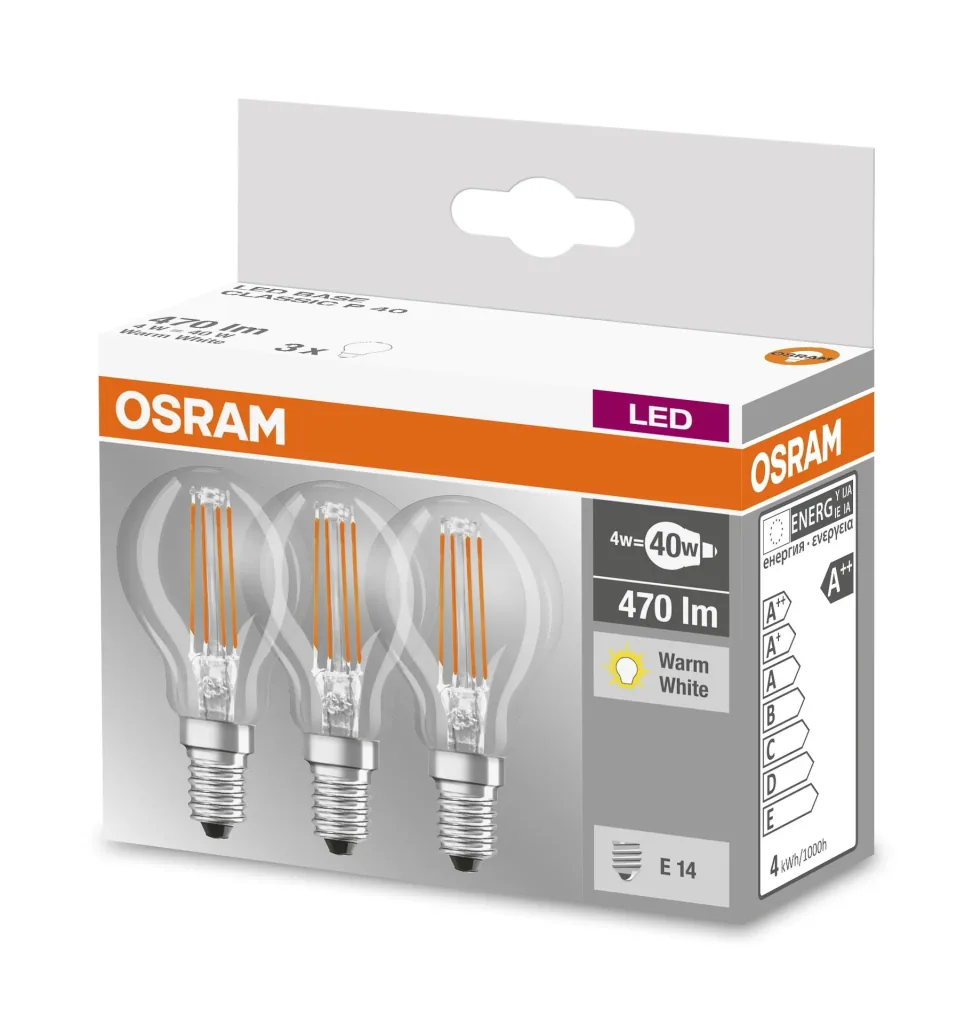 BASE FILAMENT LED drop lamp with 4 watts, E14, warm white, clear - 3 pieces