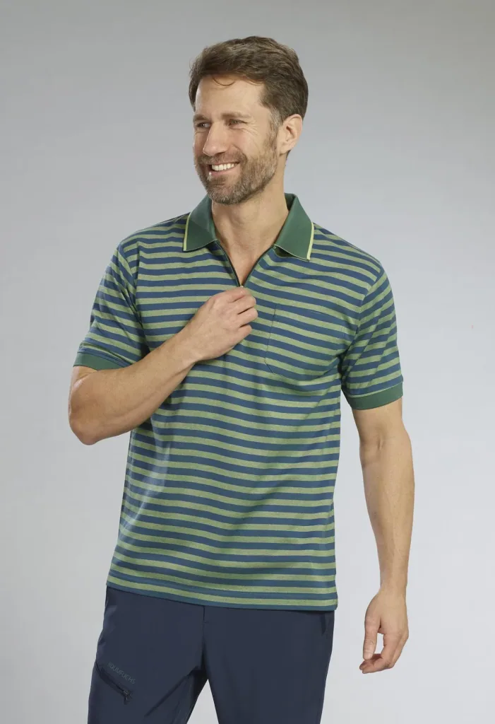 Polo shirt, green/blue striped, size M