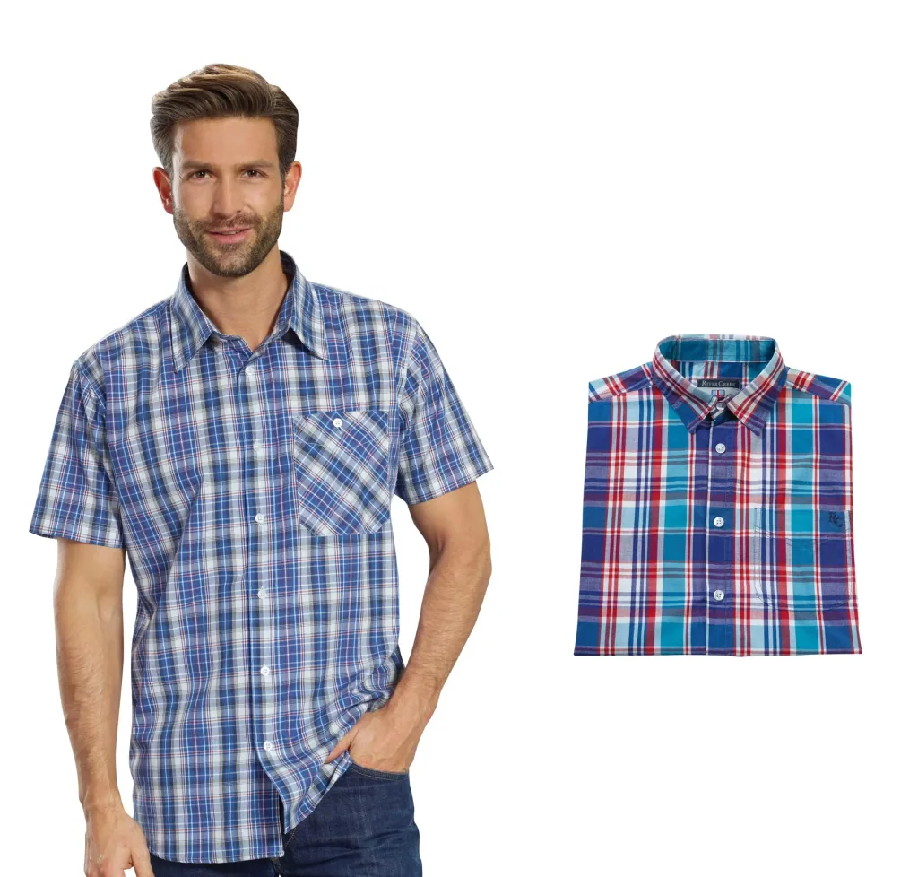 Casual shirt, short sleeves, blue/red/turquoise checked, size 39/40