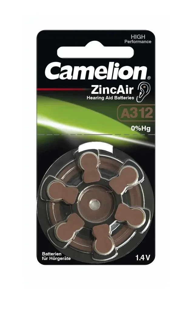 Zinc-air hearing aid battery A312, brown - 6 pieces