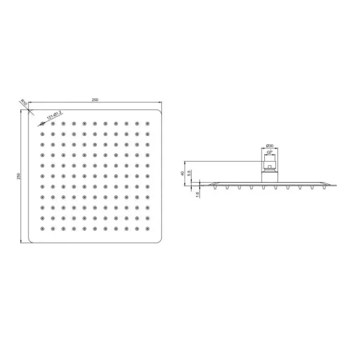 Shower head 25x25 cm rain shower made of stainless steel with 1 jet type G1/2 individually usable