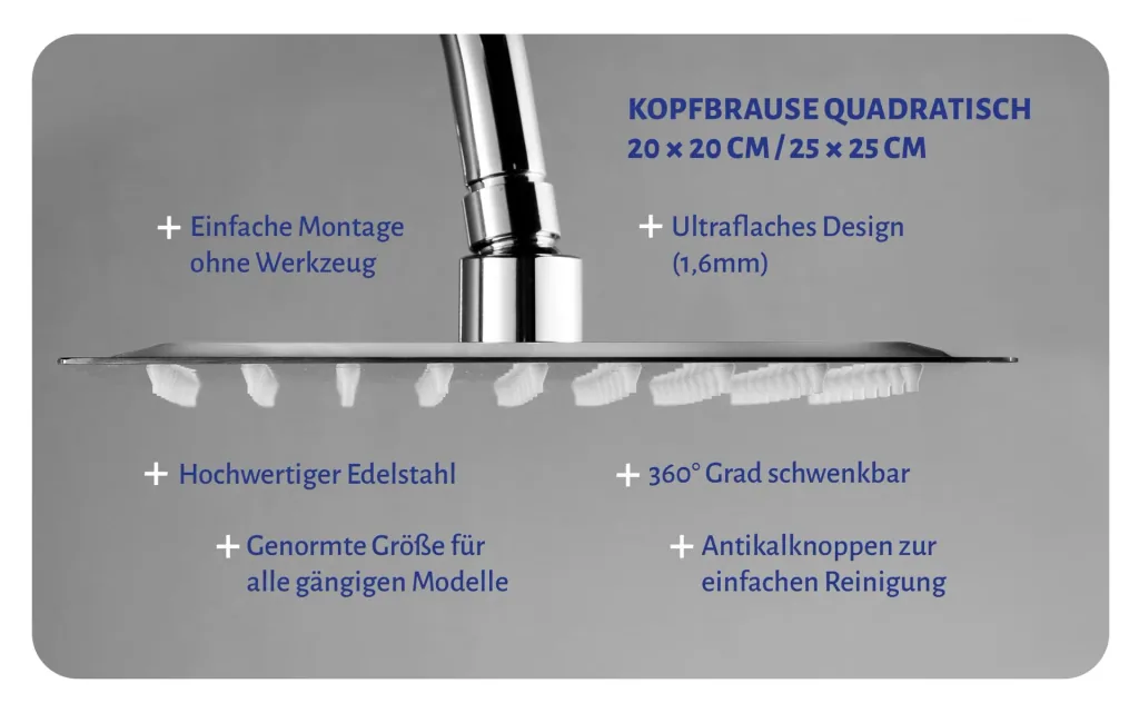 Shower head 25x25 cm rain shower made of stainless steel with 1 jet type G1/2 individually usable