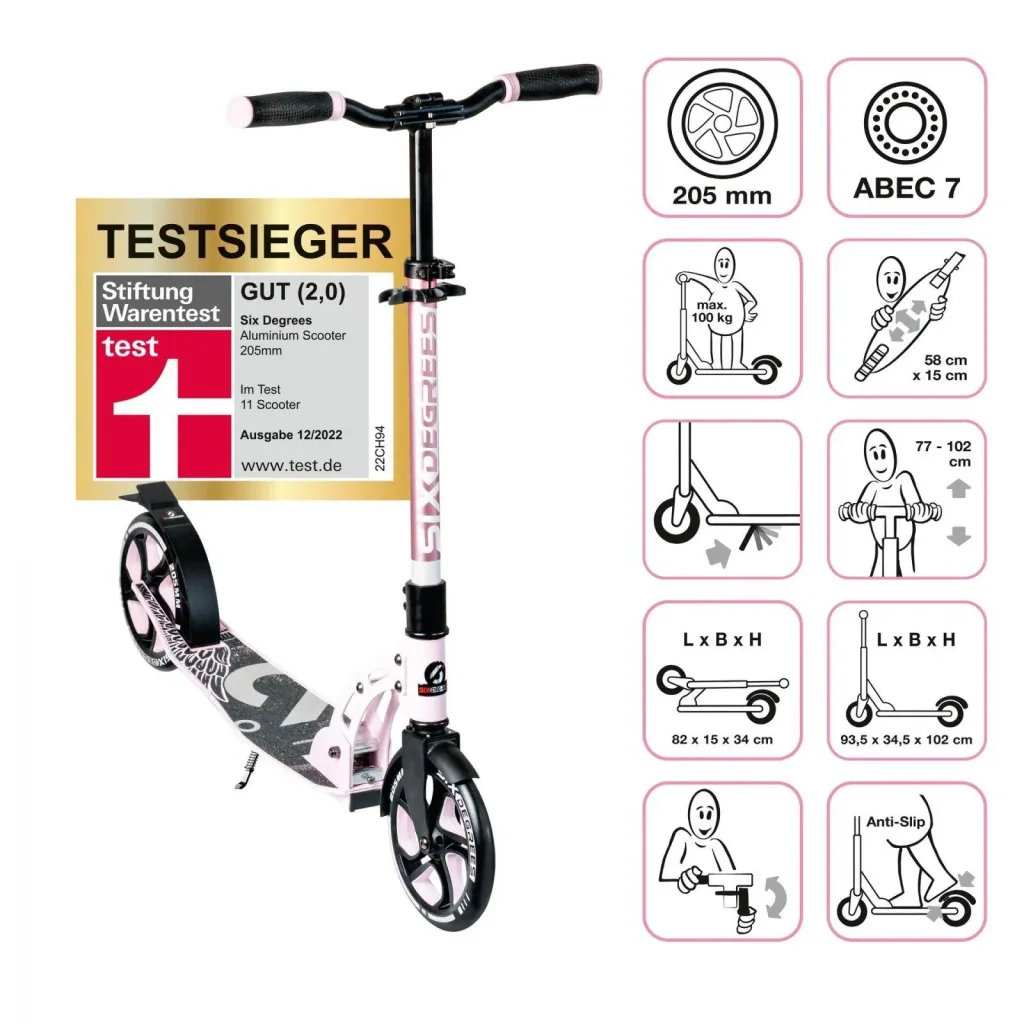 Aluminum scooter with folding mechanism, stand, 205 mm, ABEC 7, height adjustable, pastel pink