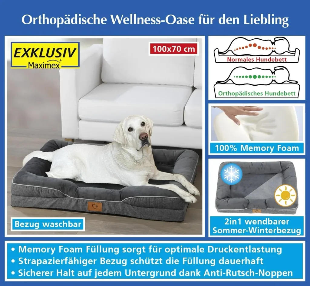 Orthopedic dog bed, grey, size L, 100 x 70 x 16 cm