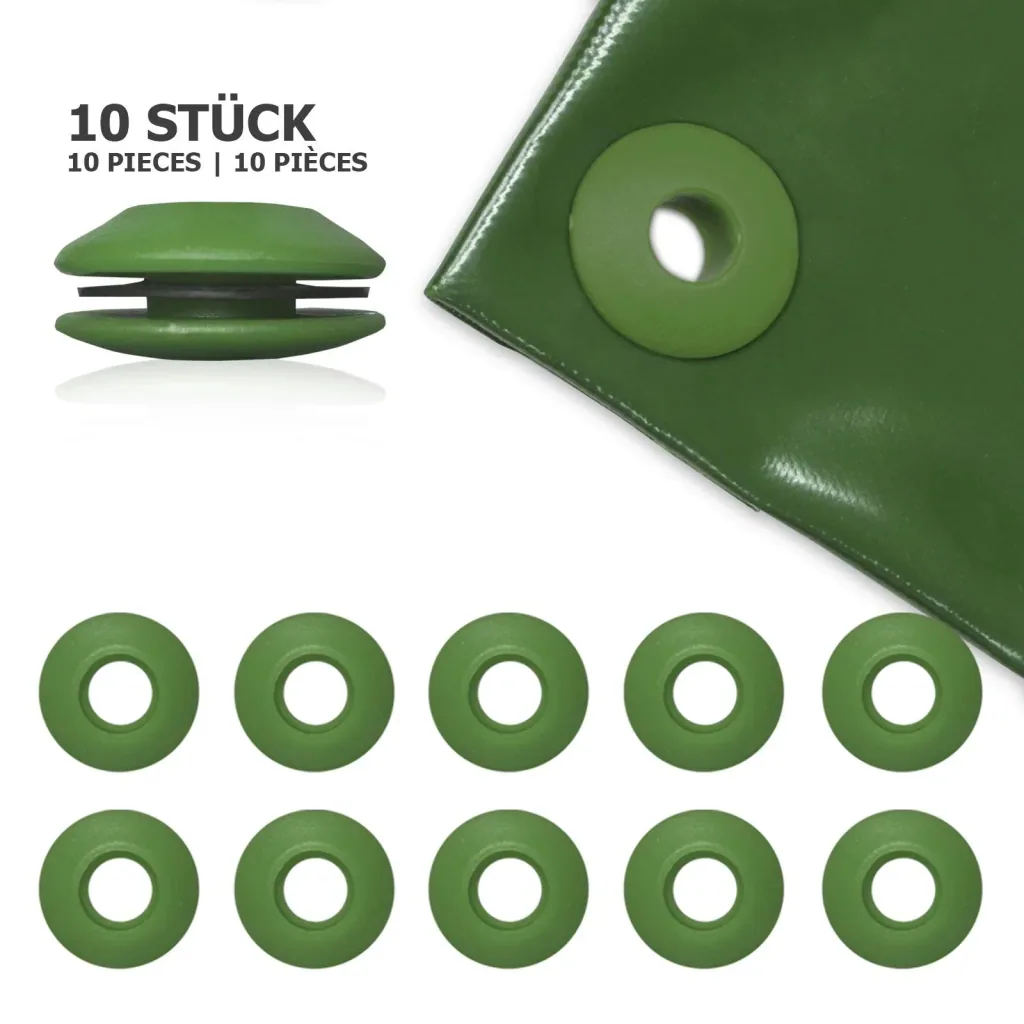 Tarpaulin eyelets, plastic, green, 10 pieces