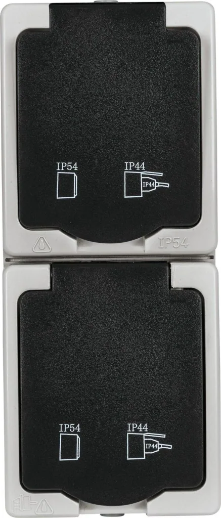 Surface-mounted damp-room protective contact socket 2-way with hinged cover, vertical