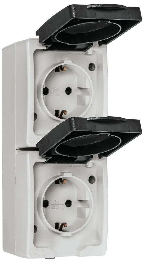 Surface-mounted damp-room protective contact socket 2-way with hinged cover, vertical