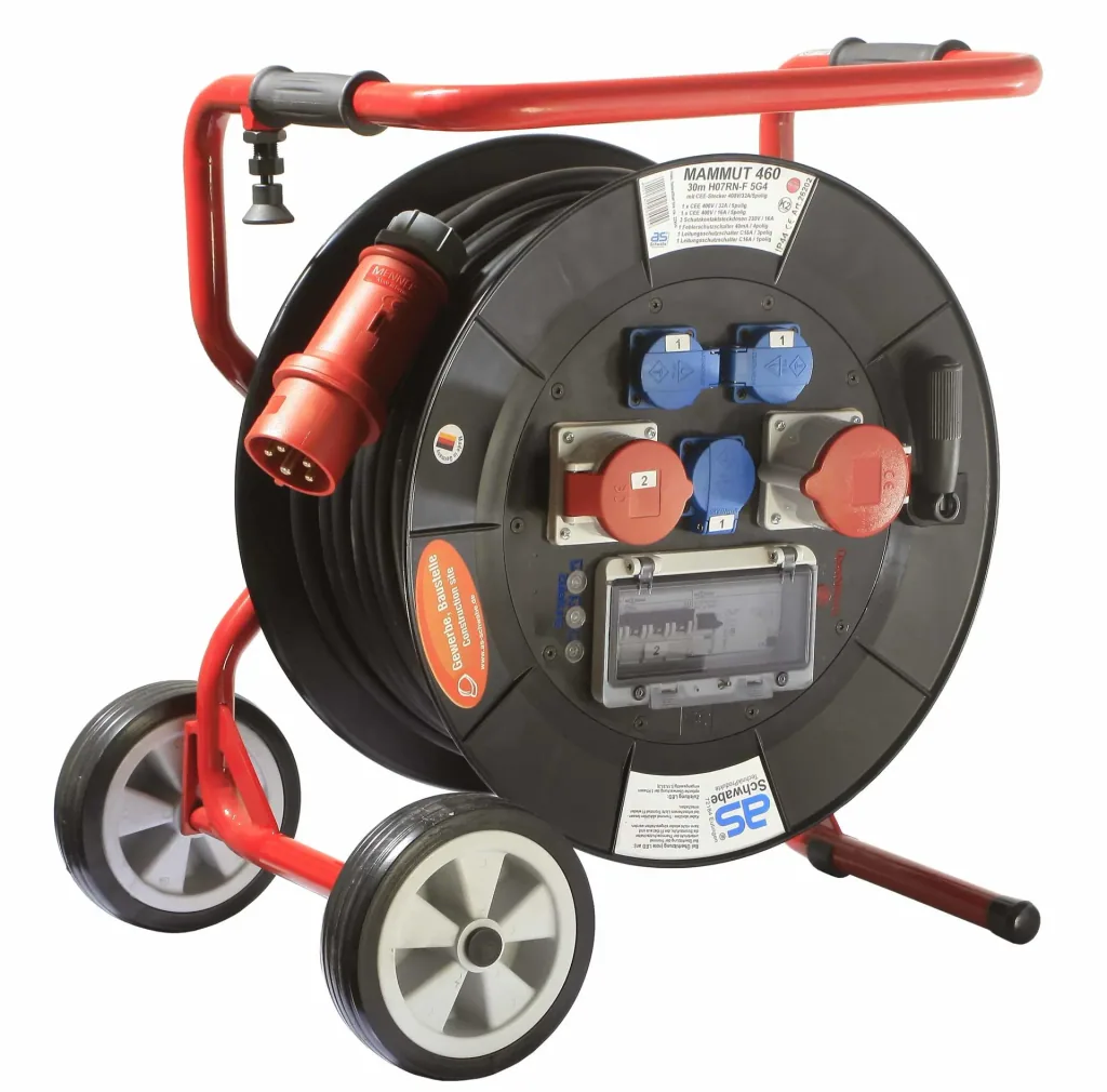 Professional reel Mammut 460 Version 3, 30m, 3 sockets 230V, 1+1-CEE sockets, with foldable base frame