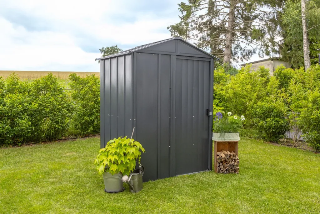 Tuinhuis 54 151×122×198 cm Grijs – verzinkt staal, zadeldak & schuifdeur