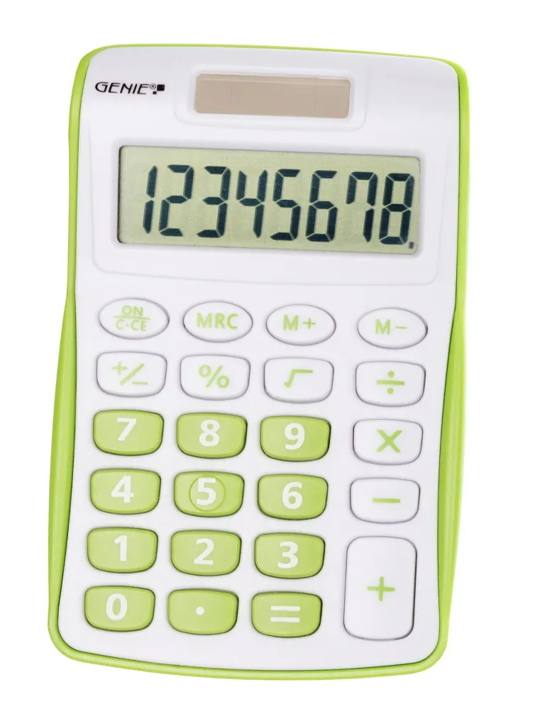 Compact calculator with 8-digit display and dual power, green