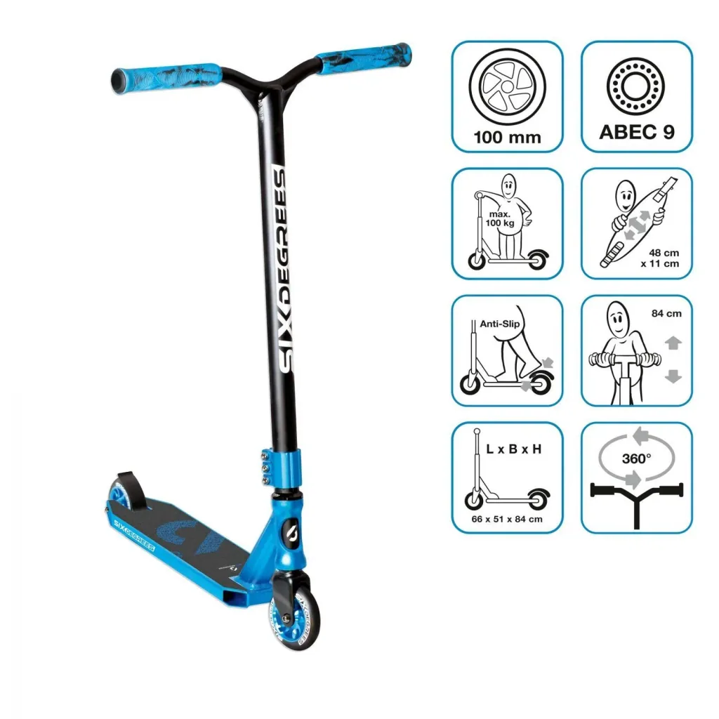Stunt scooter with reinforced wing handlebars, HIC Compression System, 100 mm, ABEC 9, 360° steering, blue
