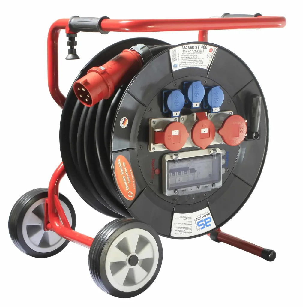 Professional reel Mammut 460 Version 6, 30m, 3 sockets 230V, 2+1-CEE sockets, with foldable base frame