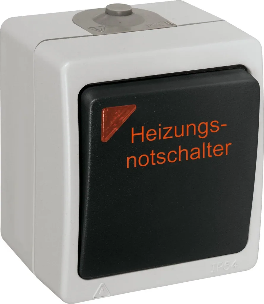 Surface-mounted damp room heating emergency switch with lens and inserted glow lamp