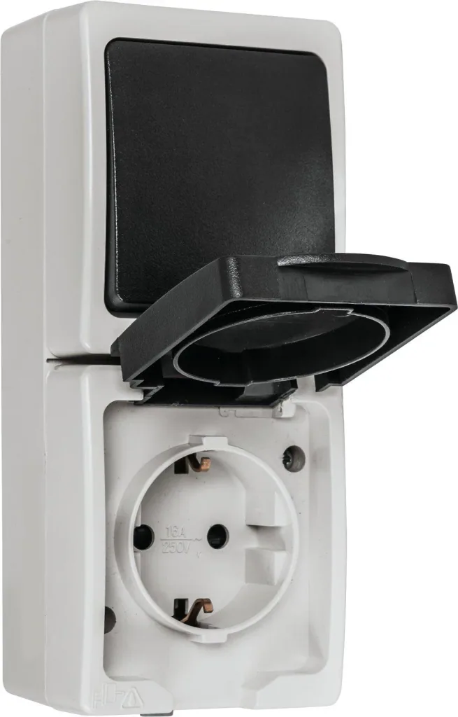 Surface-mounted damp room on/off switch socket combination, vertical