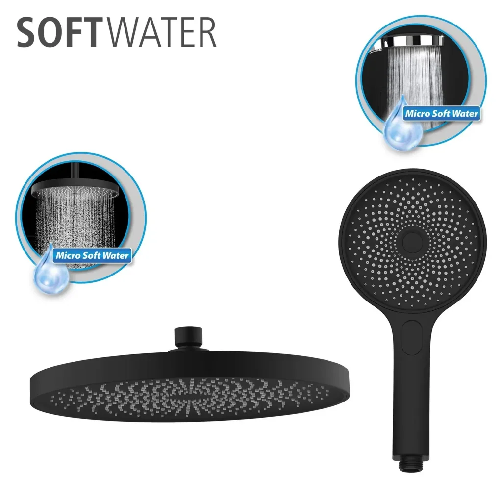 Softwater Black shower system - easy connection to existing fittings or wall connection elbow